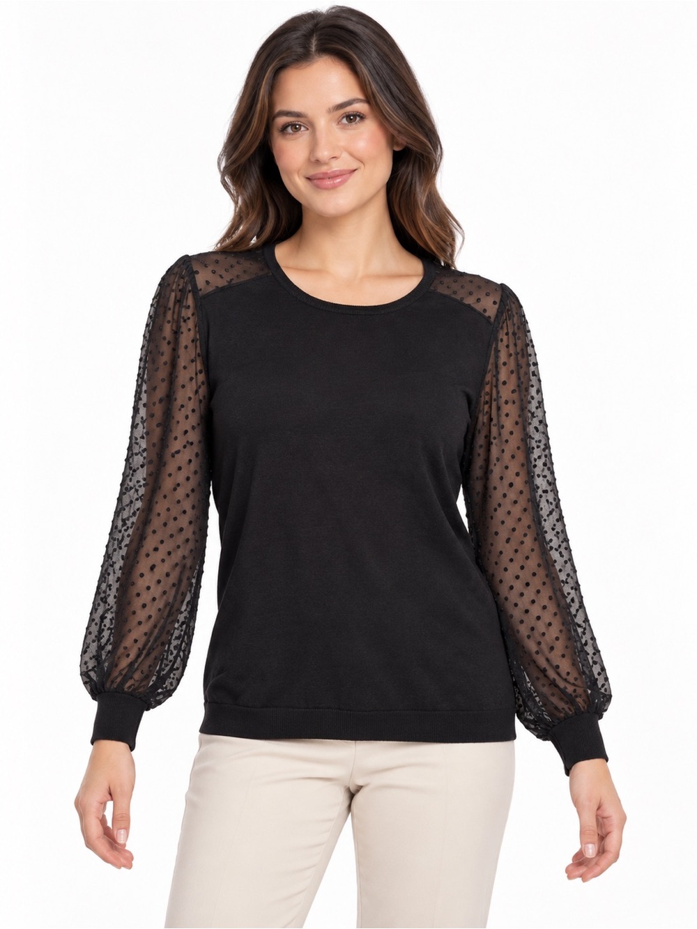 Adrianna Papell Women’s Black Sheer Swiss Dot Sleeve Sweater Size Medium